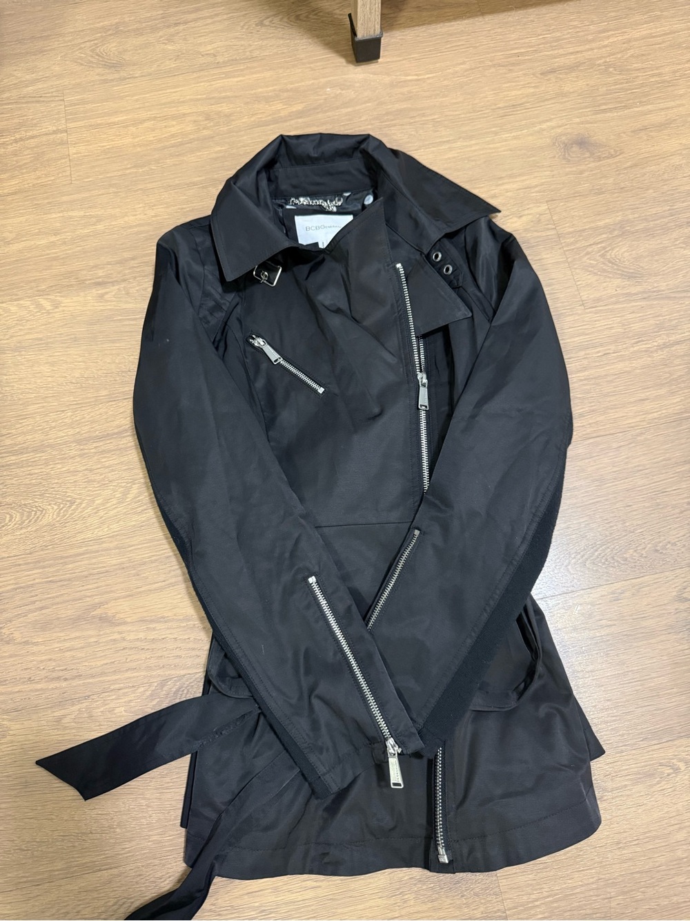 BCBGeneration Black Asymmetrical Zip Trench Coat -